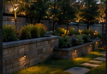 Garden and stonework illuminated at night