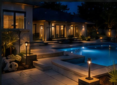 Pool surround with architectural landscape lighting