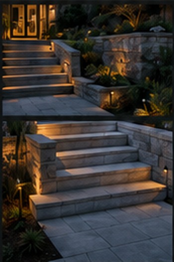 Illuminated stone steps and retaining wall